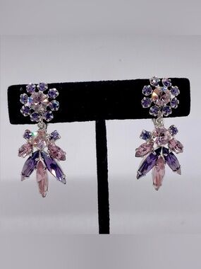 Rare Sherman Blush Pink & Purple Daisy Floral Spray Dangle Earrings | 1.6”